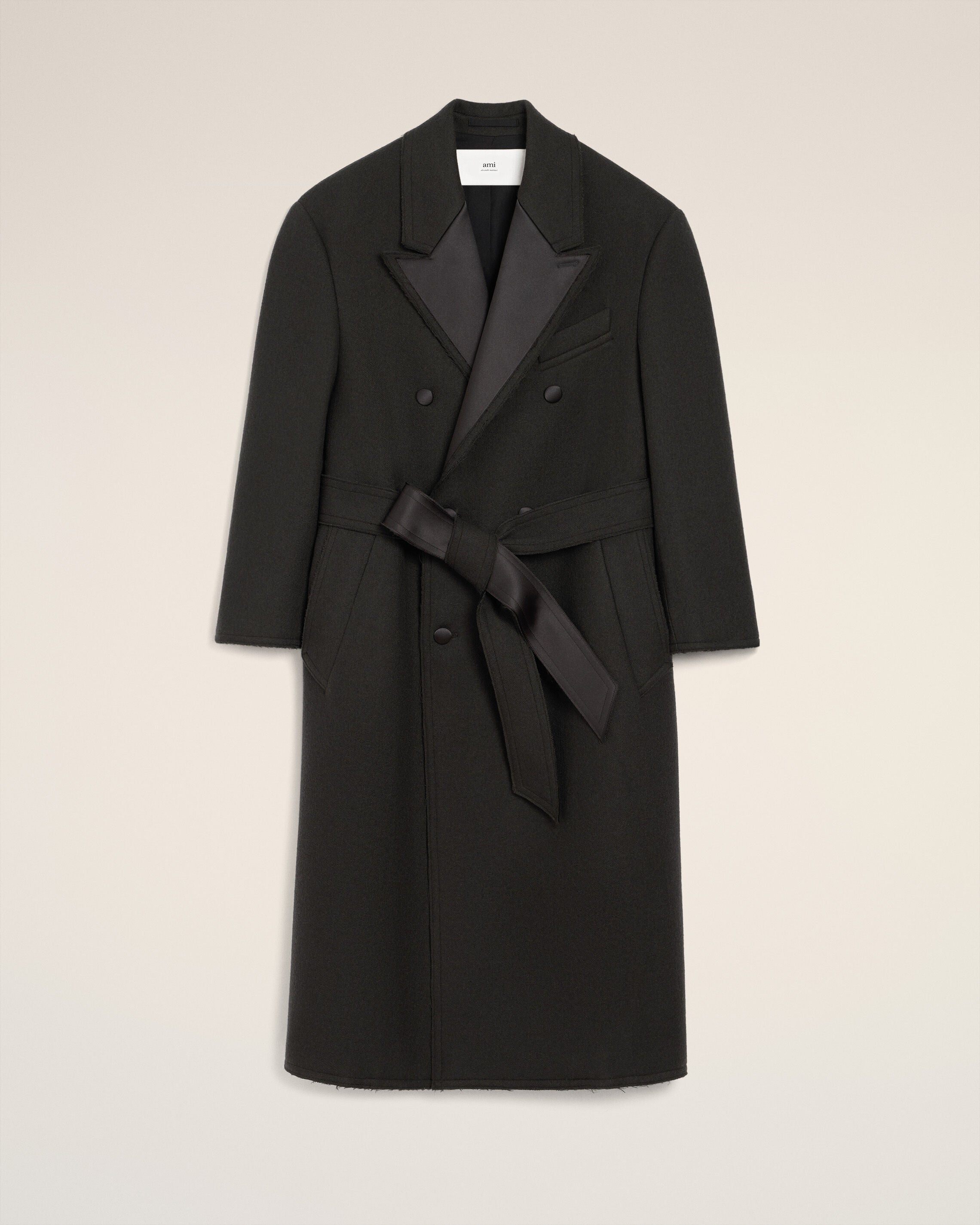 Zweireihiger langer Smokingmantel aus schwarzer Wolle