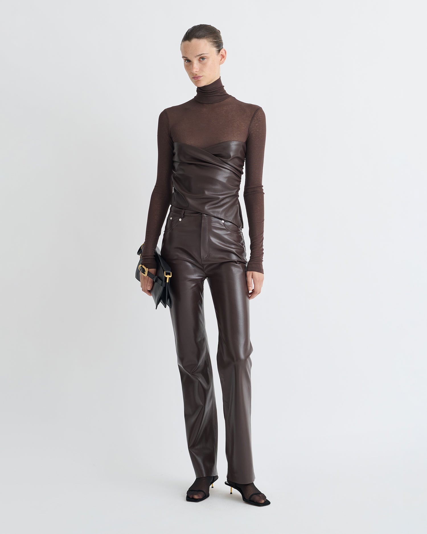 Kynlee - Mesh Jersey/Okobor Turtleneck Top - Dark Oak/Coffee Ground