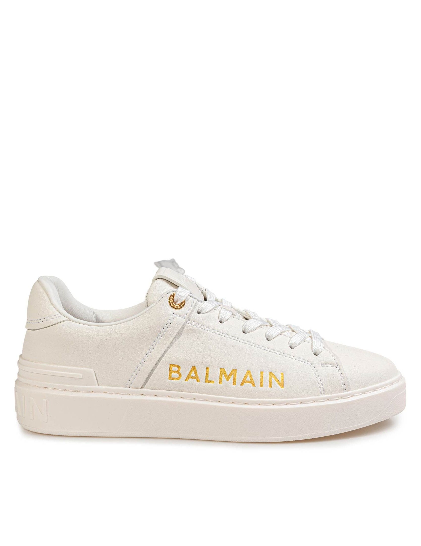 Balmain Weiße Leder Sneakers Mit Gold Logo